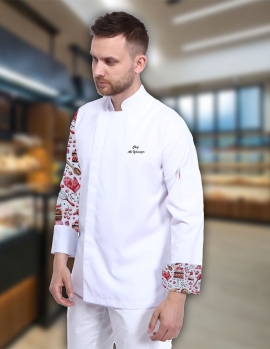 Kolu Pastacılık desenli beyaz şef ceketi,