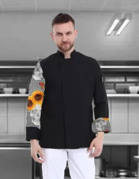 Kolu çiçekli kurukafa desenli siyah şef ceketi,