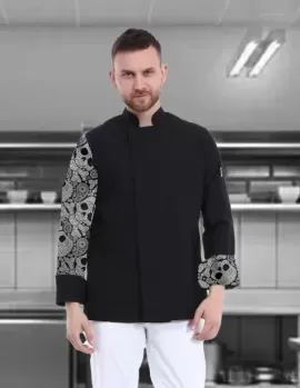 Kolu kuru kafa desenli siyah şef ceketi,