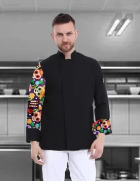Kolu hallowen desenli siyah şef ceketi,