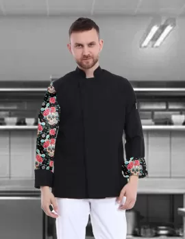 Kolu kuru kafa desenli siyah şef ceketi,