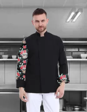 Kolu kuru kafa desenli siyah şef ceketi,