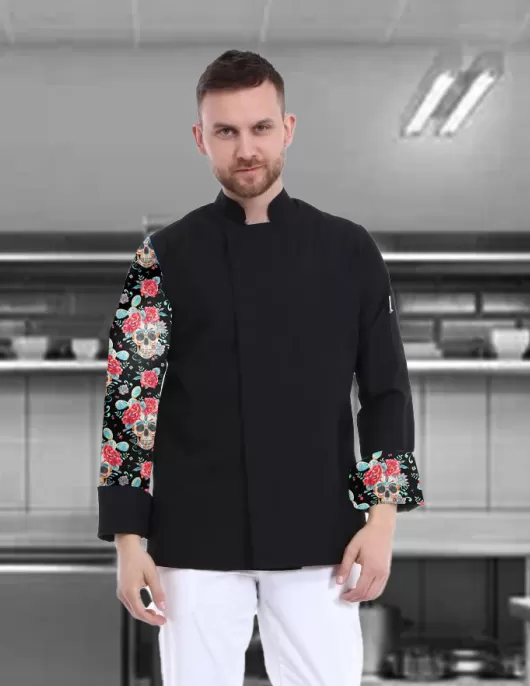 Kolu kuru kafa desenli siyah şef ceketi,