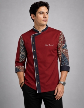 Anadolu Kilim Desenli Bordo Asimetrik Şef Ceketi