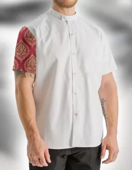 Eskitme Görünümlü Bordo Krem Tonlu Damask Desenli Kısa Kollu Aşçı Ceketi