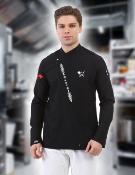 Nakış işlemeli fermuarlı siyah şef ceketi 