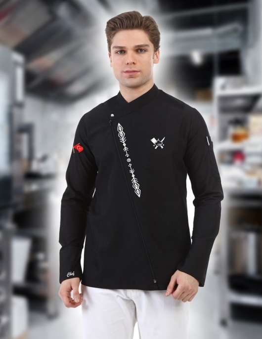 Nakış işlemeli fermuarlı siyah şef ceketi 