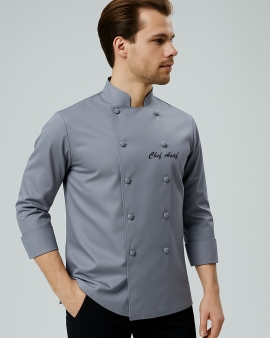 Kumaş düğmeli klasik model şef gri aşçı ceketi 