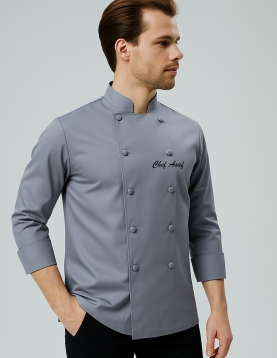 Kumaş düğmeli klasik model şef gri aşçı ceketi 