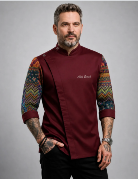 Anadolu Kilim Motifli Bordo Şef Aşçı Ceketi