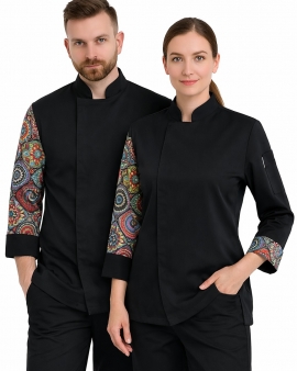 Premium Likralı Siyah Mandala desenli Aşçı Ceketi – Erkek & Kadın Şef Üniforması