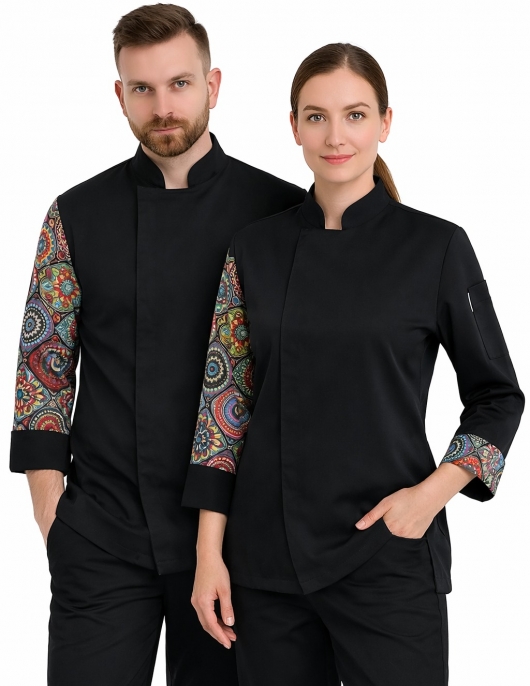 Premium Likralı Siyah Mandala desenli Aşçı Ceketi – Erkek & Kadın Şef Üniforması