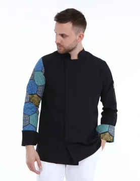 Kolu geometrik desenli siyah şef ceketi,
