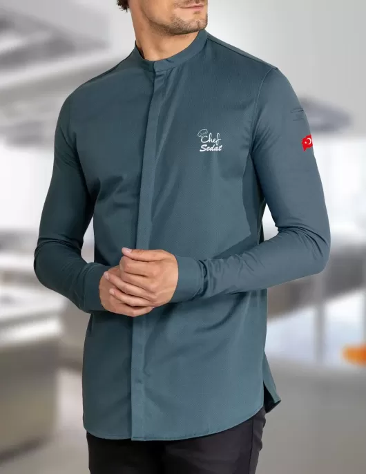 Petrol Mavisi Hakim Yaka Gömlek Tipi Spor Model Aşçı Ceketi