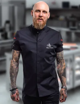 Kısa Kollu Osmanlı Tuğralı ve Türk Bayraklı Siyah Spor Model Aşçı Ceketi