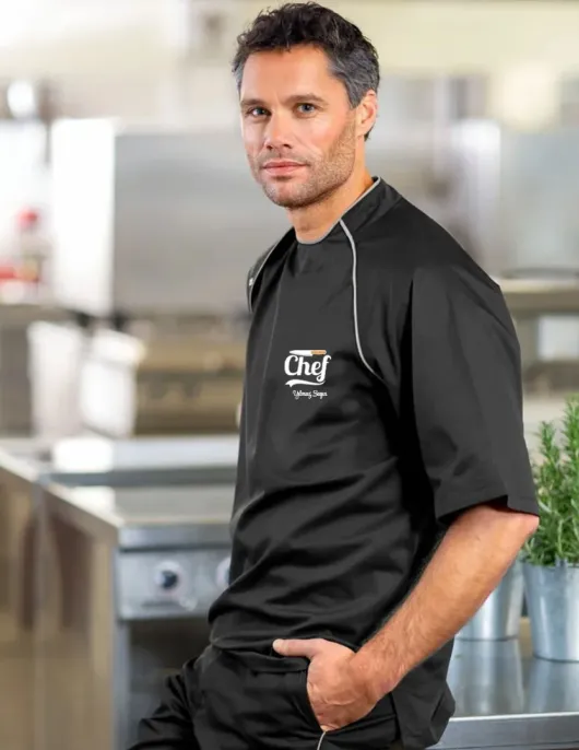 Profesyonel Şefler İçin Siyah Şef Ceketi Gri Biyeli Aşçı Ceketi