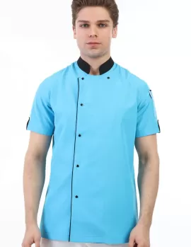 Turkuaz Mavi Kısa kollu biyeli şef aşçı ceketi 