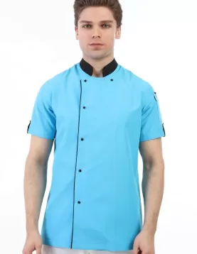 Turkuaz Mavi Kısa kollu biyeli şef aşçı ceketi 