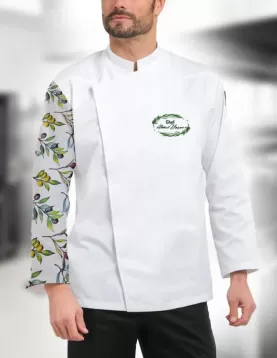 Kolu zeytin dalı desenli beyaz şef ceketi,