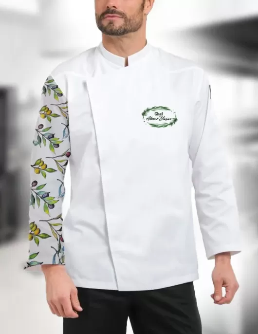 Kolu zeytin dalı desenli beyaz şef ceketi,